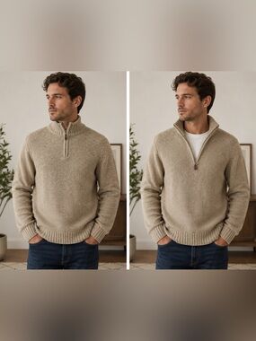 Men's Half-Zip Wool Sweater Pullover - Beige Large